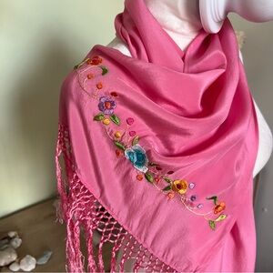 Pink Colorful Embroidered Floral Lightweight Shiny Scarf Wrap Shawl Fringe Hem